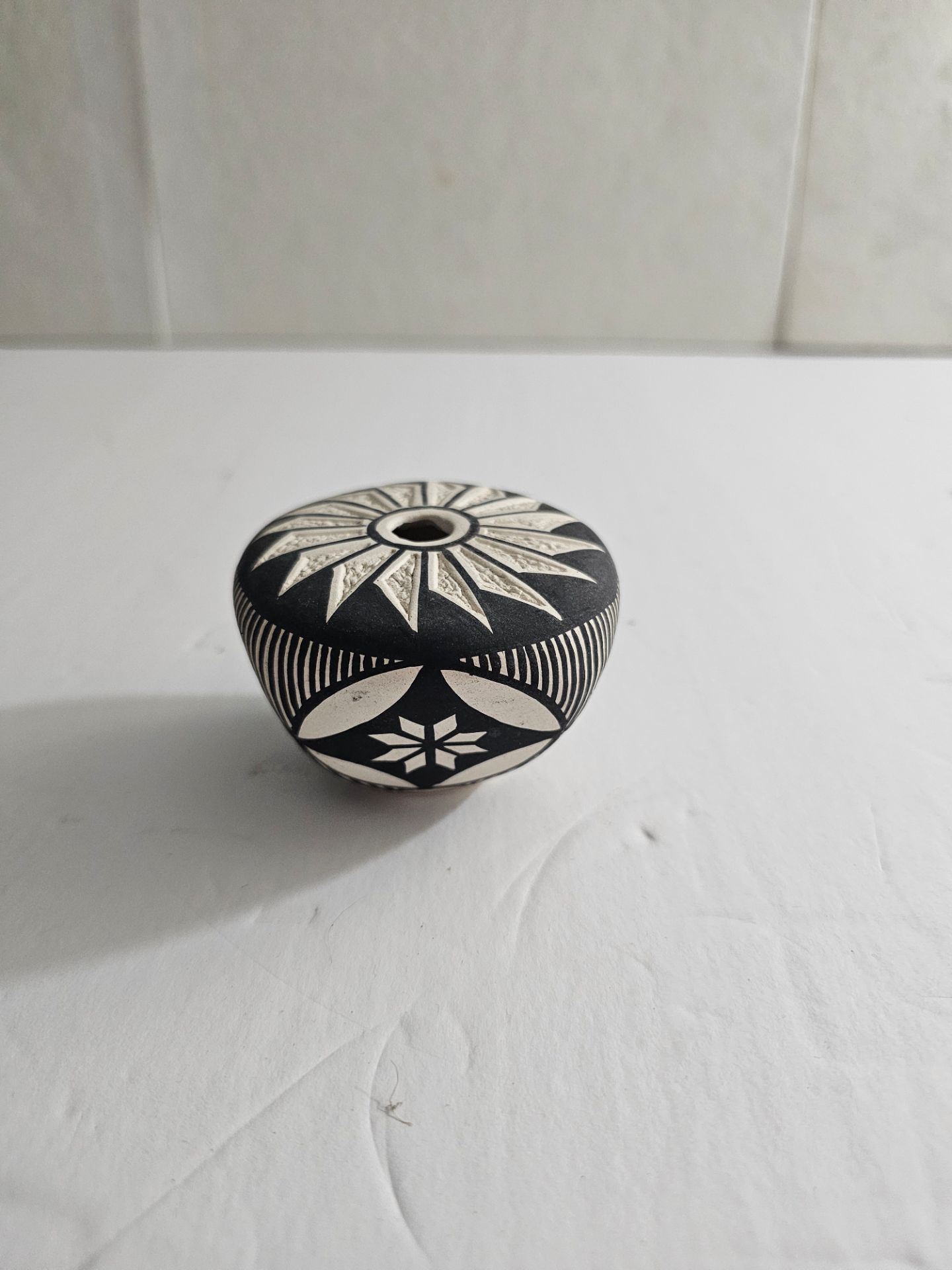 T.P. Torivio Handmade Acoma NM Native American Pottery Jar w/Lid Black/White