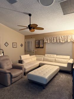 White Leather Sectional Sofa with Ottoman