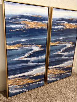 Modern Abstract Navy & Gold Coastal Wall Art Set (2 Panels)