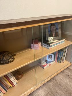 Vintage modern wood and sliding glass bookshelf