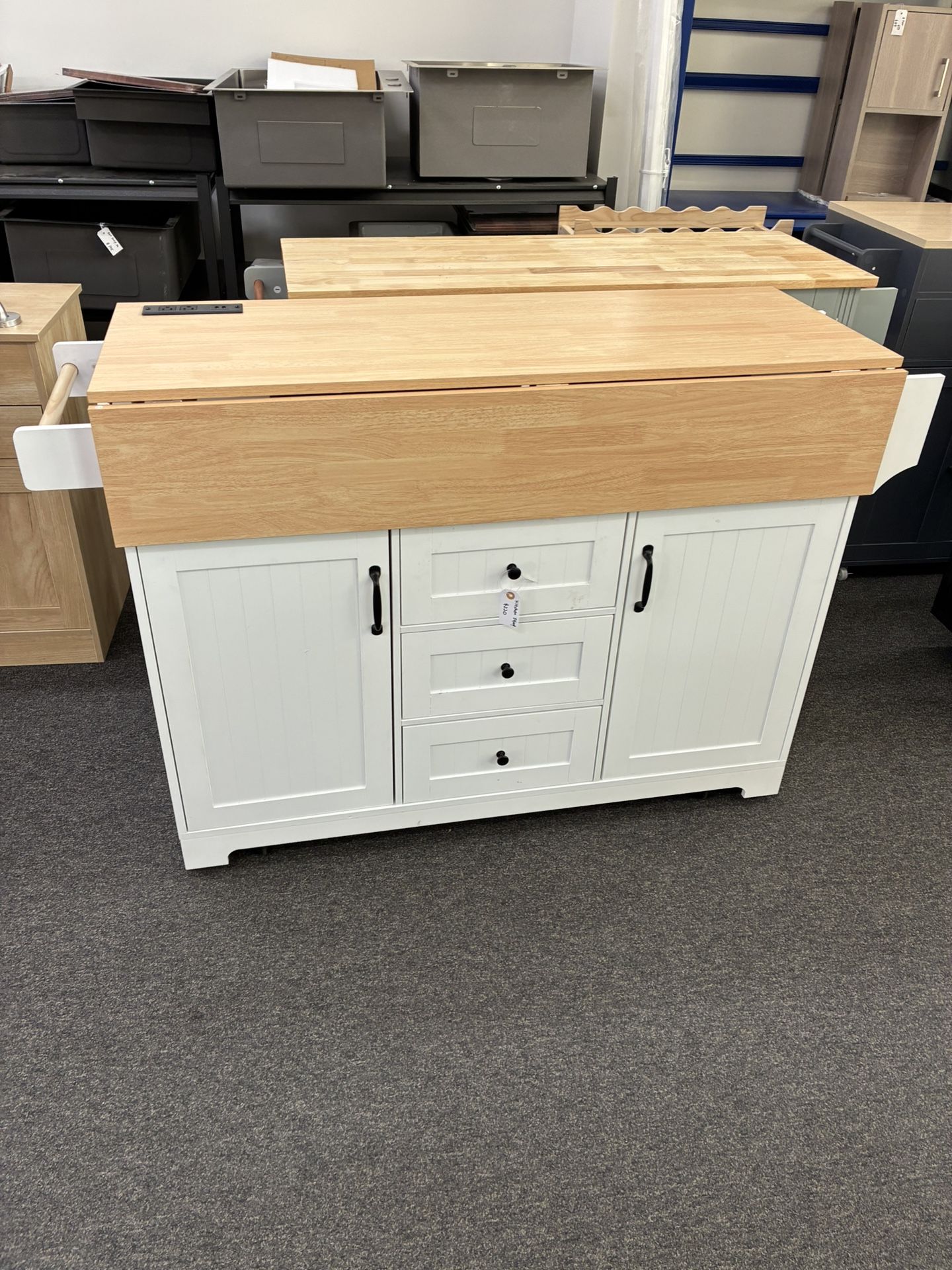 Newly Assembled Kitchen Island with Storage,2 Drop-Leaf Extensions, 5 Lockable Wheels, Power Outlet & Spice Rack,3-Drawer Mobile Island for Kitchen