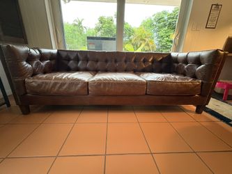 Tufted Top Grain Leather Sofa Library Antique brass