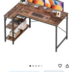 47 Inches L Shaped Desk, Computer Desk with Reversible Storage Shelves, for Gaming Corner Home Office Writing Study, Metal Frame, Rustic Brown