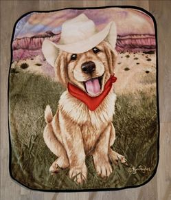 Puppy Dog Cowboy Blanket Throw Thick 4ft x 5ft Labrador Lab Golden Yellow Two Sided Super Soft Machine Washable
