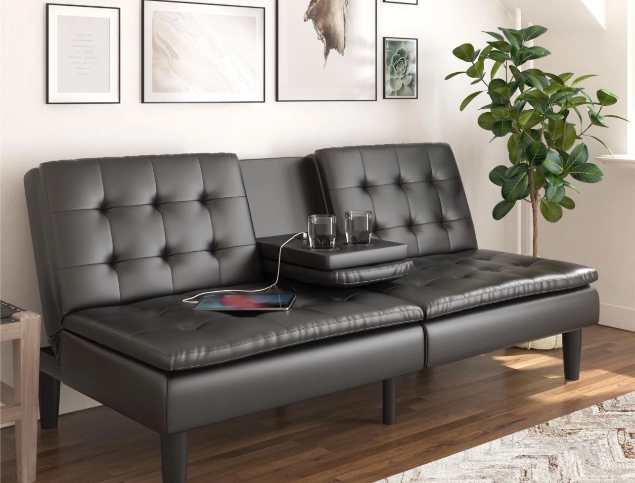Mainstays Memory Foam Futon/ Full Size Bed with Cupholder and USB, Black Faux Leather