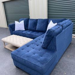 Navy Velvet Sectional Sofa Couch 