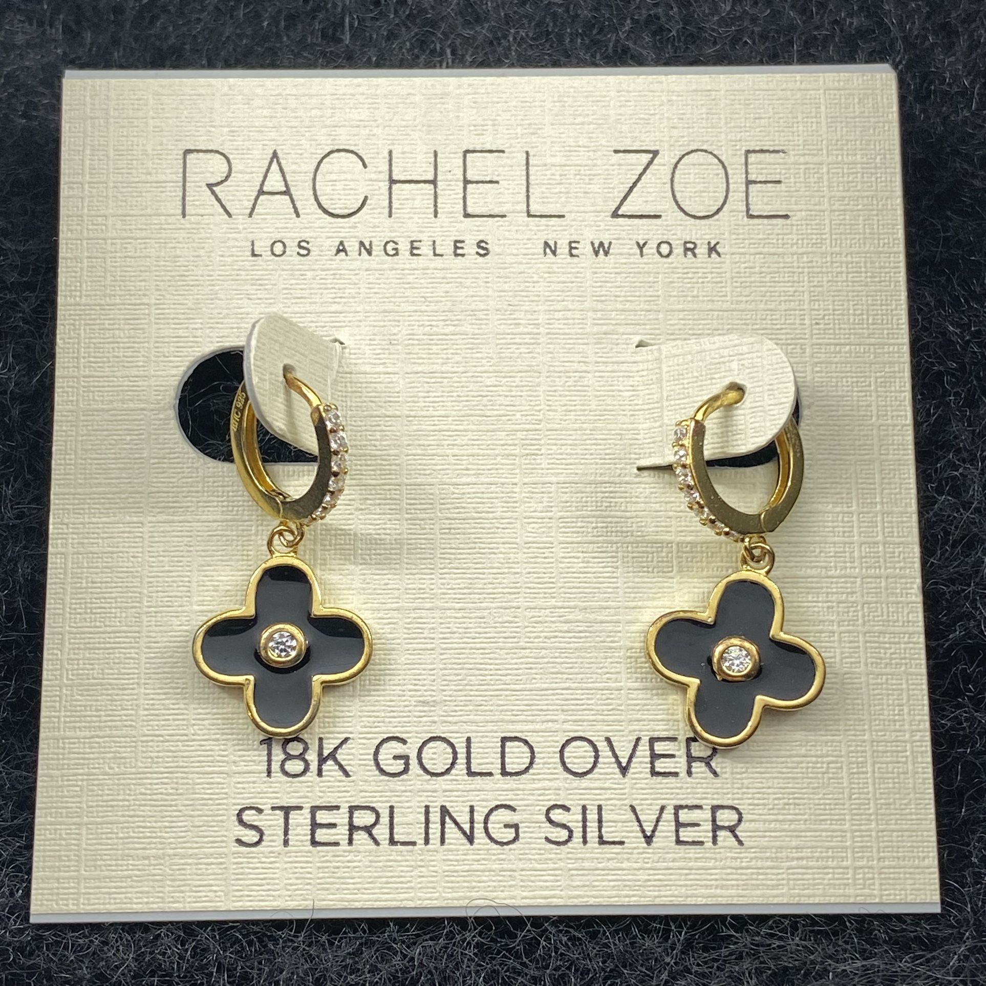 NEW Rachel Zoe Black Clover 18K Gold Plated Sterling Silver Pave Dangle Earrings