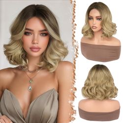 12 Inch Ombre Blonde Curly Bob Wig for Women, Dark Roots Short Layered Bob Hairstyle with Natural Volume, Lightweight Synthetic Wig