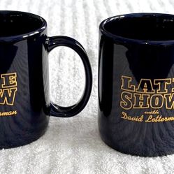 Late Show with David Letterman Coffee Cup Cobalt Blue Cups Two Sided-Set of Two-Vintage-Unused!  