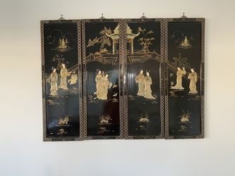 Antique Chinese Black Lacquer Wall Panels with Mother of Pearl Inlay