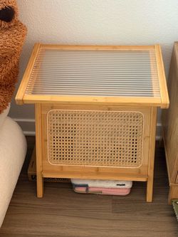 Bamboo Rattan Side Table with Glass Top