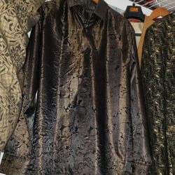 Heavy Black & Bronze Brocade Dress Shirt – 2XL – Luxury Textured Fabric