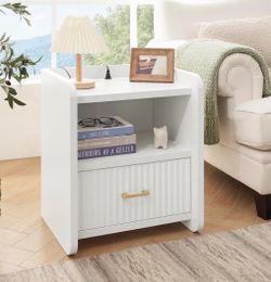 Fluted Night Stand, Mid Century Night Stands with Drawer Storage for Bedroom Couch, Modern Wide Bedside Stand Wood Nightstand with Charging Station
