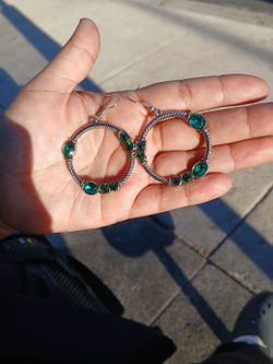 Silver Hoop Earrings with Green Gems