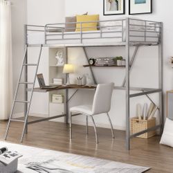 SILVER Metal Loft Bed w/ L-Shape MDF Desk - TWIN - *Fully K