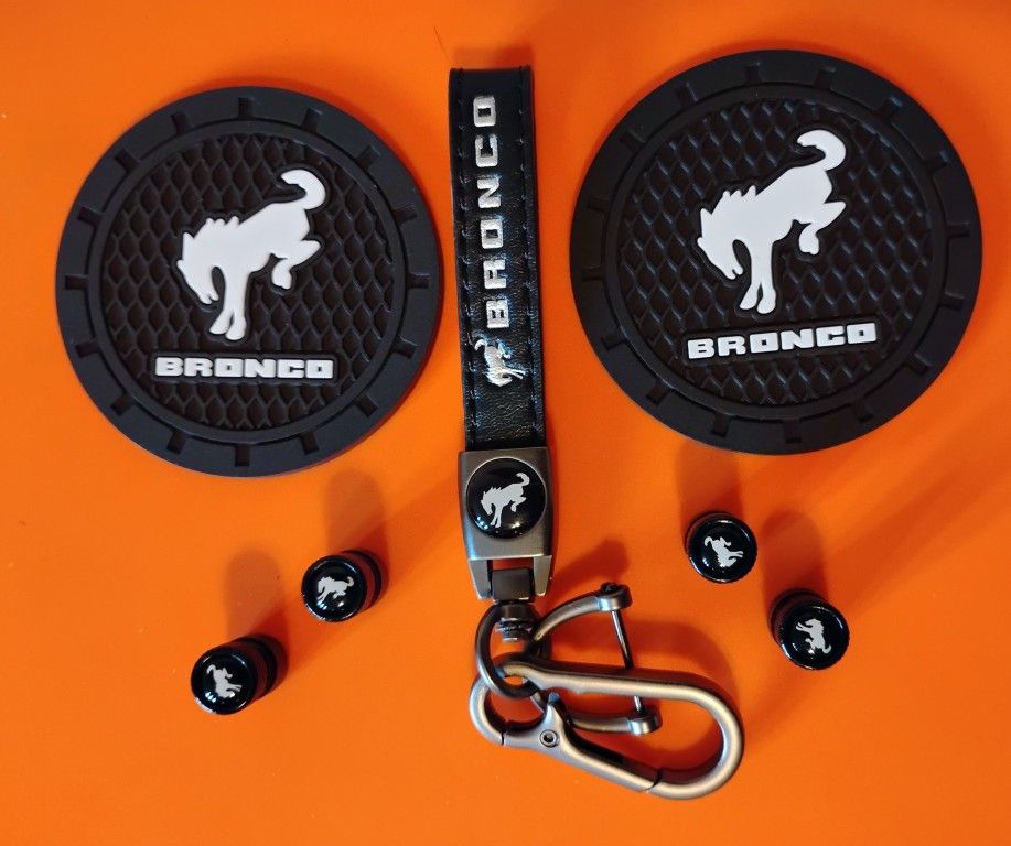 Bronco Keychain,Valve Caps and Coasters NEW