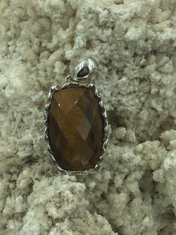925 STER Silver Tiger’s Eye Faceted Cabochon Pendant 1.84” Long