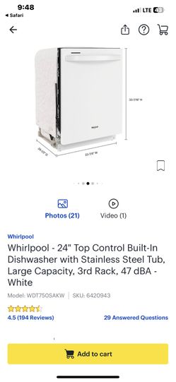 24” Whirlpool Dishwasher