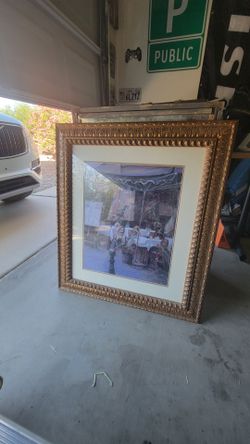 Vintage café painting with metallic frame
