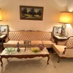 French Vintage Style 4 Piece Set Sofa, 2 Wood And Heavy Marble Side Tables. And A Wood And Heavy Marble Coffee Table