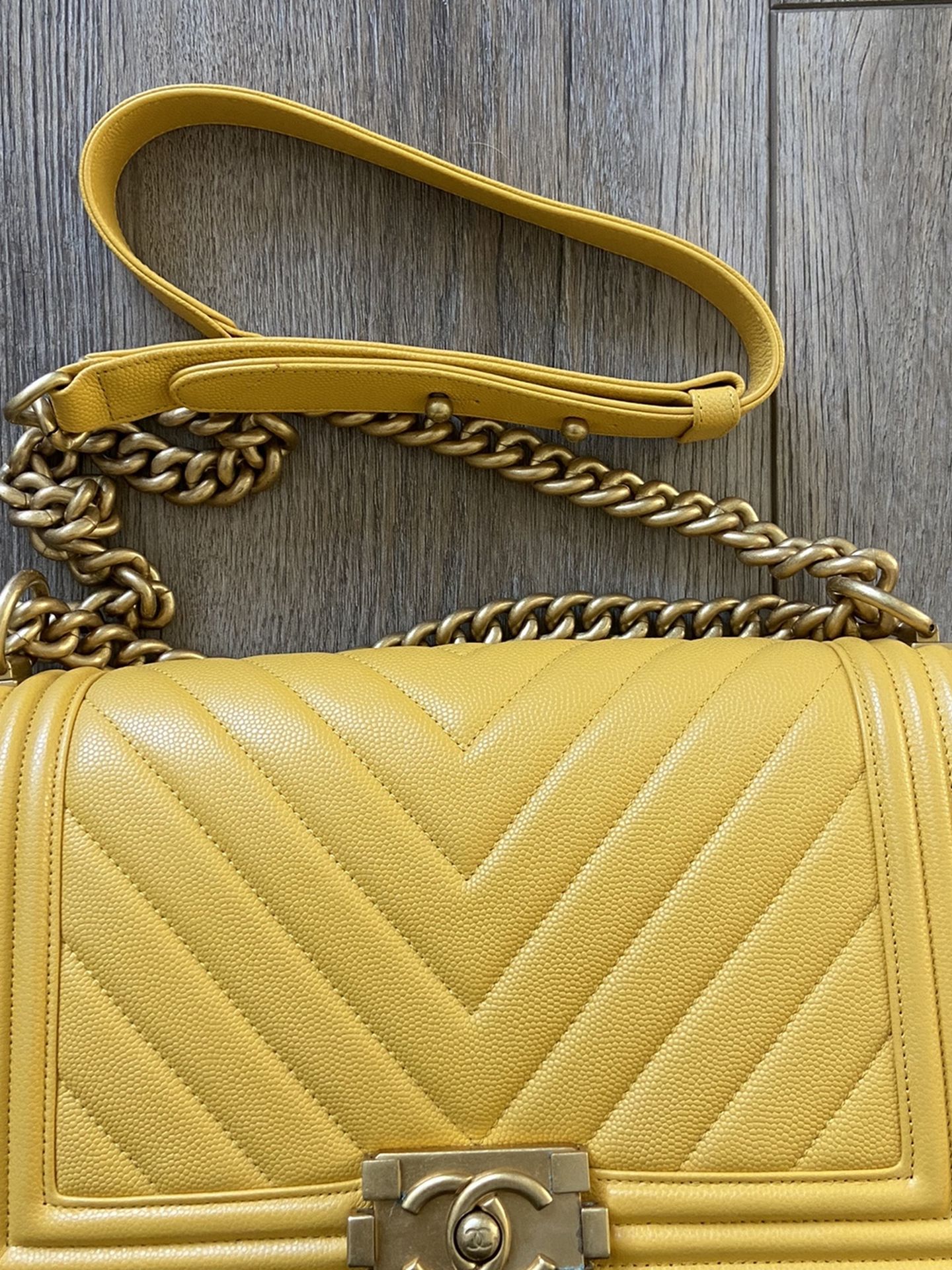 Chanel yellow chevron leboy bag