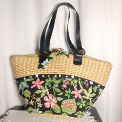 Vera Bradley "Botanica" Large Straw Tote Beach Bag with Sea Shell Trim Summer 