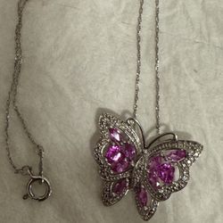 New Natural Pink Sapphire and Diamond Butterfly Necklace 18” 925 Chain