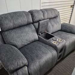Modern Gray Reclining Sofas w/ Storage Console & Cup Holders - Excellent Condition 