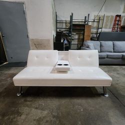 Free Delivery! Clean White Leather Futon Sofa Bed Couch With Cup Holders