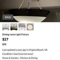 Dining room Light Fixture        NOT SOLD