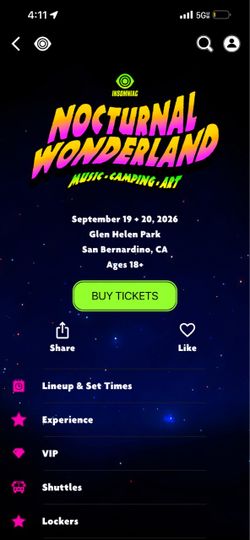 Nocturnal wonderland rave nos VIP wristband