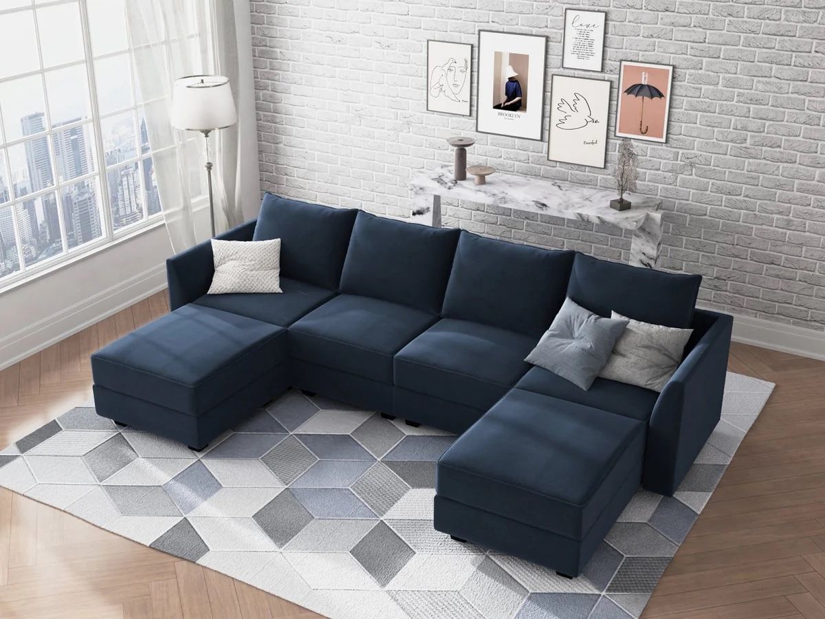 HONBAY Modular Sectional Sofa with Storage Ottoman U Shaped Couch with Reversible Chaise Velvet Modular Sectional Couches for Living Room, Dark Blue