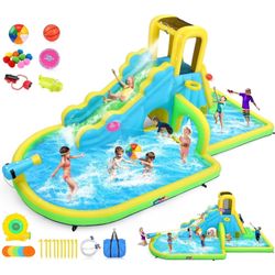 Adnoom Inflatable Water Slide for Big Kids Backyard 3~8 years with Long Slide,Kids Water Bounce House w/480W Blower,Bouncy Castle Water Park W/Splash 