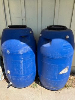 2 Large Blue Plastic Storage / Water Barrels with Lids