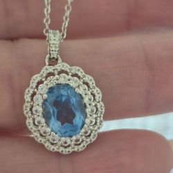 Designer PAJ STERLING SILVER AQUAMARINE & Cz Pendant Necklace- 18 In.