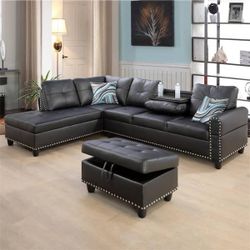 95.5 in. W Round Arm 3-piece L Shaped Faux Leather Sectional Sofa in Black