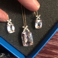 Pink Amethyst/Quartz & Diamond In Rose Gold Earrings & Giant 7ct. Stone Necklace