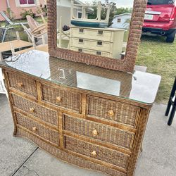 Wicker Dresser With Mirror And Glass Top 
