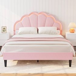 Velvet Platform Bed Frame with Adjustable Seashell Headboard and LED Light, Under Bed Storage, No Box Spring Needed, Light Pink