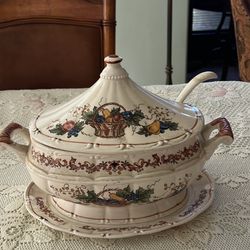 Vintage Ceramic Soup Tureen with Lid & Ladle – Fruit Basket Design