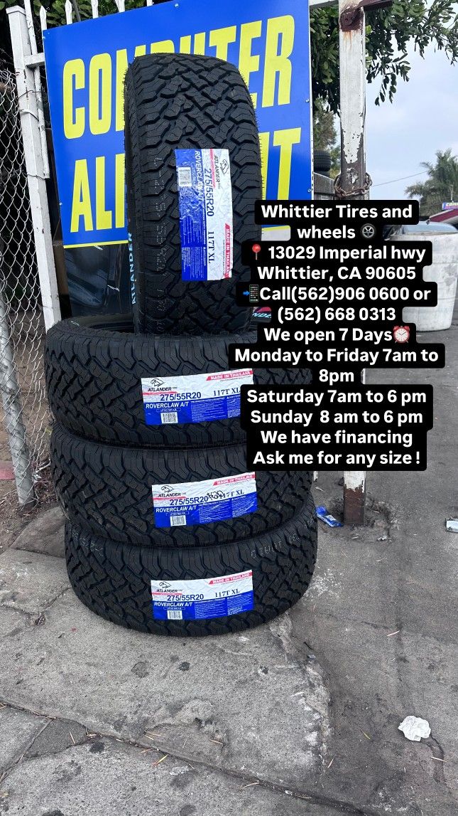 SET OF NEW TIRES 275/55R20 ATLANDER AT , INCLUDING MOUNTING AND BALANCING. ASK ME FOR ANY SIZE OR BRAND, WE HAVE THE BEST PRICES OF CALIFORNIA