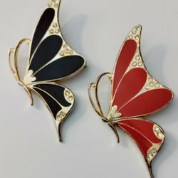 Pretty Pair Of Red And Black Diamonte Butterfly Brooches, Vintage From The 80's