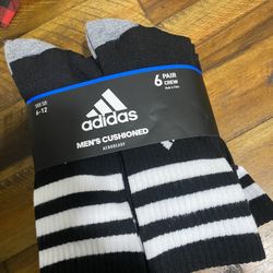NEW 6 PAIR PACK ADIDAS MENS CREW THREE STRIPE SOCKS SIZE 6-12 CUSHIONED BLACK