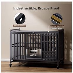 Heavy Duty Dog Crate, Escape-Proof Indestructible Cage for High-Anxiety Dogs, 3-Door Kennel with 4 Lockable Wheels and 2 Removable Trays Ideal for Lar