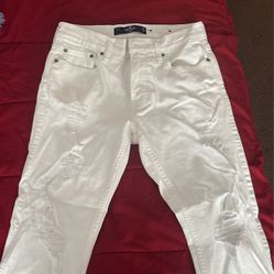 All White Hollister Ripped Pants 
