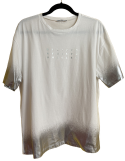 Zara White Oversized Tee Metallic Silver Foil Sleeves "Believe Achieve Succeed"