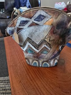 Jane Yoo Handpainted Purse Wearable Art Handbag in Distressed Leather with Asymetrical Fan Shape. Long Shoulder Strap (Purse is 7” Across Bottom / Pur