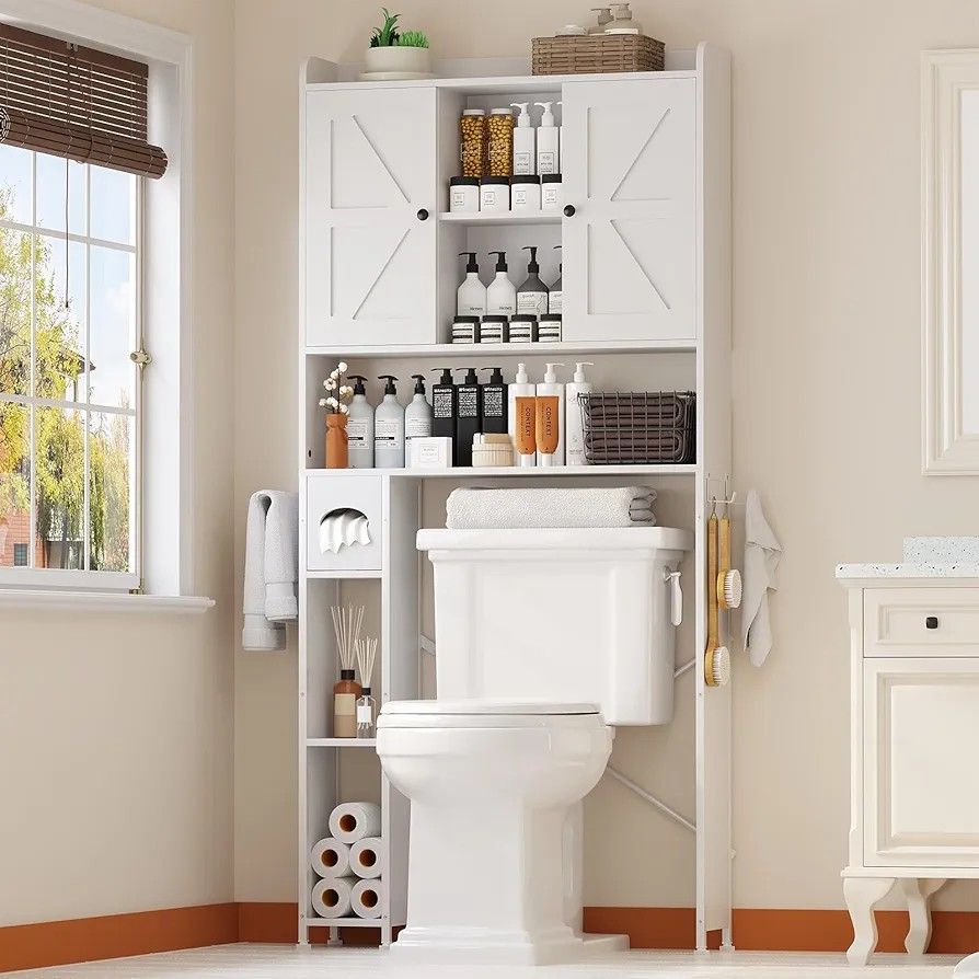 Over The Toilet Storage Cabinet with Metal Frame and 7 Storage Shelves, Bathroom Organizer with Adjustable Shelves, Paper Holder and Towel Racks, Farm