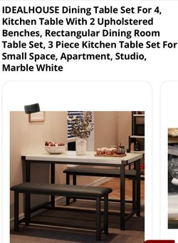 IDEALHOUSE Dining Table Set For 4, Kitchen Table With 2 Upholstered Benches, Rectangular Dining Room Table Set, 3 Piece Kitchen Table Set For Small Sp