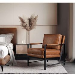 Retro Leisure Accent Chair with Extra Soft Padded with Black Metal Frame , Light Brown m-20